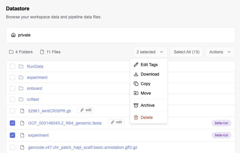 GenomeMiner Datastore showing folders, research files, selected items, and the Actions menu