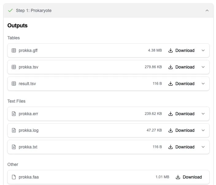 Completed Prokaryote pipeline step showing downloadable table, text, and sequence output files